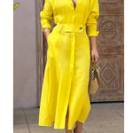Women's Waisted Linen Cotton Long Sleeve Dress