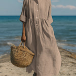 Women's Casual Linen Cotton Pleated Pocket 3/4 Sleeve Dress