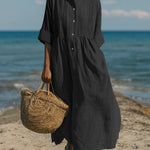 Women's Casual Linen Cotton Pleated Pocket 3/4 Sleeve Dress