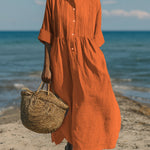 Women's Casual Linen Cotton Pleated Pocket 3/4 Sleeve Dress