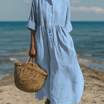 Women's Casual Linen Cotton Pleated Pocket 3/4 Sleeve Dress