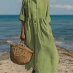 Women's Casual Linen Cotton Pleated Pocket 3/4 Sleeve Dress
