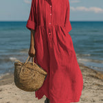 Women's Casual Linen Cotton Pleated Pocket 3/4 Sleeve Dress