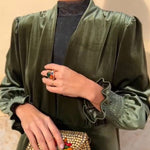 Velvet Puff-Sleeve Stand-Collar Long Coat
