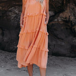 COTTON BLEND POCKETED TIERED MIDI DRESS