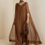 Cape Irregularity Layered Pleated Ruffled See-Through Solid Color Split-Joint High Neck Maxi Dresses
