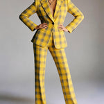 Elasticated Waist High Waisted Buttoned Contrast Color Plaid Split-Joint Notched Collar Blazer Outerwear