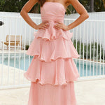 Margovil Strapless Empire Waist Ruffle Layered Maxi Dress
