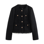 Button Up Frayed Hem Short Tweed Jacket
