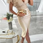 Margovil V Neck Flare Sleeves Slit Bodycon Sequin Midi Dress
