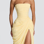 Strapless Tube Ruched Slit Maxi Dress