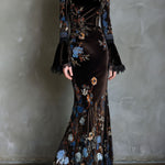 Elegance Midnight Velvet Floral Gown With Lace Trim