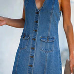Margovil V Neck Buttons Racerback Sleeveless Denim Dress