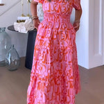 Margovil V Neck Smocked Waist Abstract Print Maxi Swing Dress