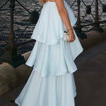 Margovil Spaghetti Strap Ruffle Layered Satin Maxi Dress