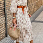 Summer retro corner print v-neck cropped puff sleeve dress