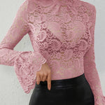 High-neck lace flared sleeves see-through top