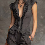 Vintage Elegant Charcoal Pinstripe Ruffle Two-Piece Set