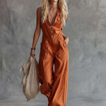 Casual Fashion Western V-neck Front-button Sleeveless Rust-orange Denim Jumpsuit