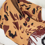 Fashionable Leopard Print Contrast Tassel Hem Loose Knitted Shawl