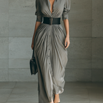 Ladies Lapel Long Sleeve Single Breasted Belt Maxi Dress