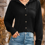 Loose Pocket Lapel Button Textured Blouse