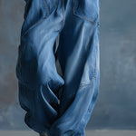 Casual Loose-fit Hooded Blue Denim Button-front Long-sleeved Jumpsuit