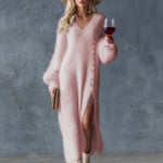 Comfortable Lazy Exquisite V-neck Metal Button White Imitation Rabbit Fur Knitted Side Slit Midi Dress