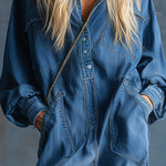 Casual Loose-fit Hooded Blue Denim Button-front Long-sleeved Jumpsuit