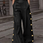 Loose Wide Leg Belted Buttoned Solid Color Casual Pants Bottoms Trousers