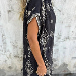 Linen Blend Unique Print Lapel Casual Pocket Mini Dress
