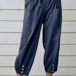 Loose casual button down cropped cotton linen trousers wide leg