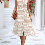 Sleeveless Buttoned Printed Tied Waist Lapel Collar Midi Dresses