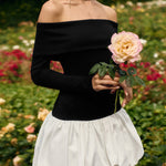 High Waisted Long Sleeves Contrast Color Pleated Split-Joint Off-The-Shoulder Mini Dresses