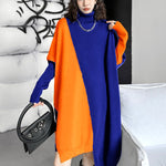 Batwing Sleeves Hipster Asymmetric Contrast Color Split-Joint High-Neck Midi Dresses Sweater Dresses