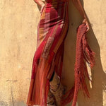 Gypsy Style Unique Print Cowl Neck Back Lace-up Slit Midi Dress