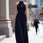 Navy Halter Neck Tailored Wide-Leg Jumpsuit