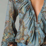 Printed Ruffled Zip-Front Chiffon Blouse – Mist Blue Snake Floral