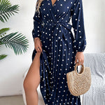 High Waisted Long Sleeves Pleated Polka Dot Tied Waist V-Neck Maxi Dresses Shirt Dress