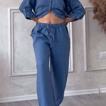 Casual solid color cotton and linen pants two-piece set