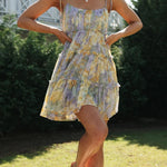 A-Line Loose Flower Print Layered Pleated Split-Joint Tied Spaghetti-Neck Mini Dresses