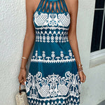 Loose Sleeveless Hollow Printed Split-Joint Halter-Neck Mini Dresses