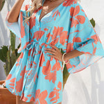 A-Line Half Sleeves Buttoned Drawstring Flower Print V-Neck Mini Dresses