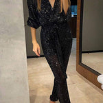 Margovil Wrap V Neck Tie Waist Sequin Jumpsuit