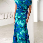 Off Shoulder Ruched Lagoon Print Maxi Dress