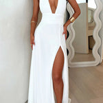 Margovil Deep V Neck Halter Tie Knot Backless Slit Maxi Dress