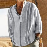 Men's V-neck Striped Print Loose Lapel Cotton Linen Shirt