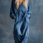 Casual Loose-fit Hooded Blue Denim Button-front Long-sleeved Jumpsuit