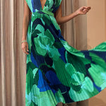 Margovil V Neck Waisted Back Cut Out Printed Maxi Pleated Dress