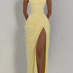Strapless Tube Ruched Slit Maxi Dress